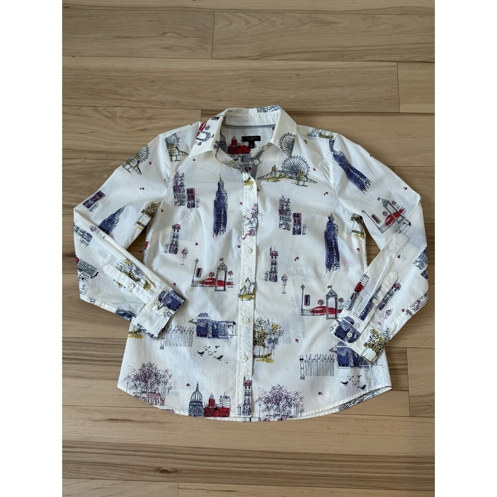 TALBOTS Womens Button Down Shirt Ivory London Toile Print Cotton Petite S - Picture 3 of 11